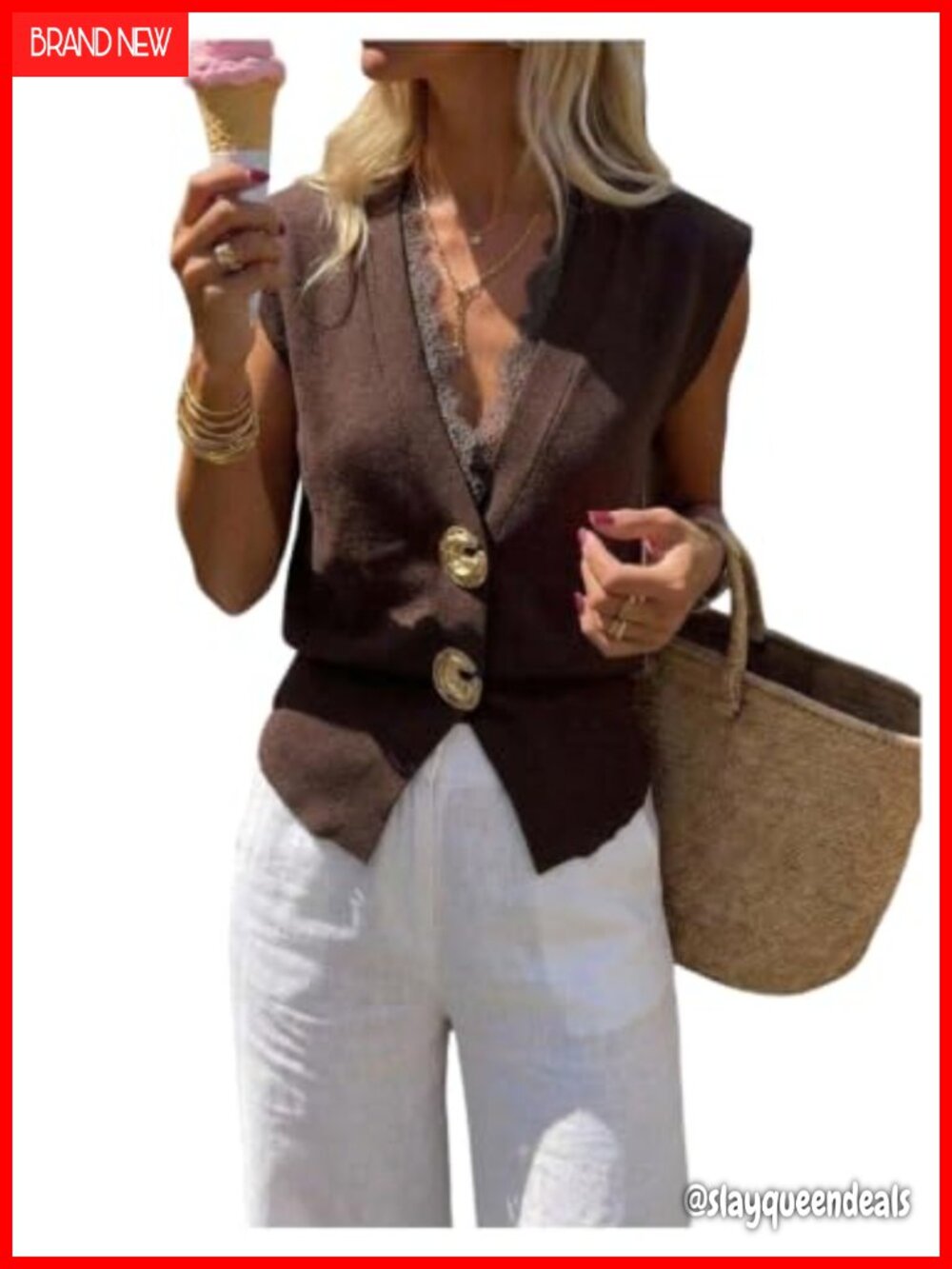 Sleeveless Lace Trim Sweater Vest Button Knit Cinched Waist